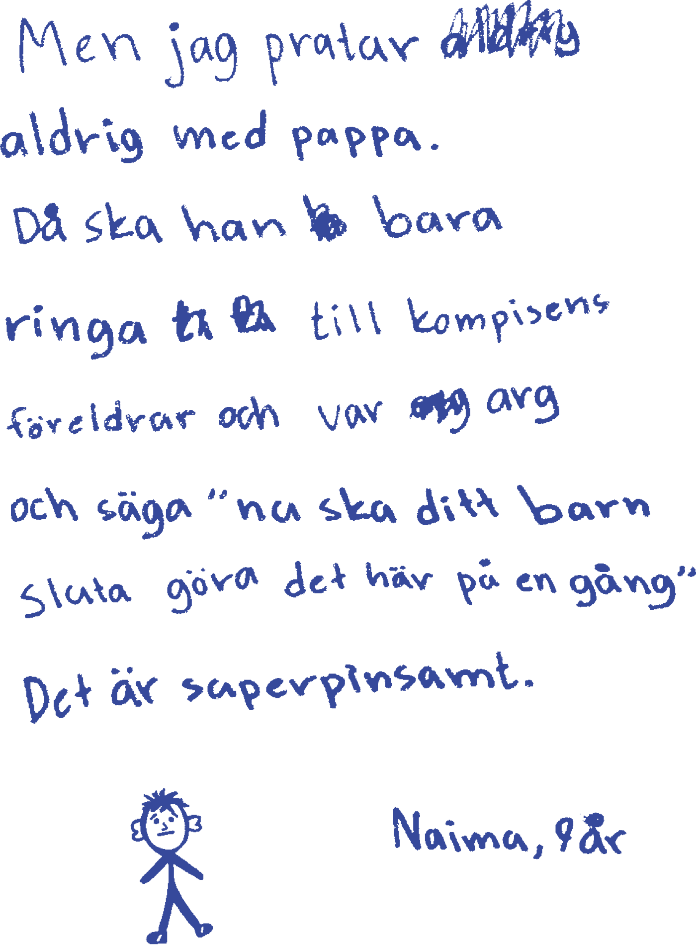 Men jag pratar aldrig med pappa. Då ska han bara ringa till kompisens föreldrar och var arg och säga "nu ska ditt barn sluta göra det här på en gång" Det är super pinsamt. Naima, 9år